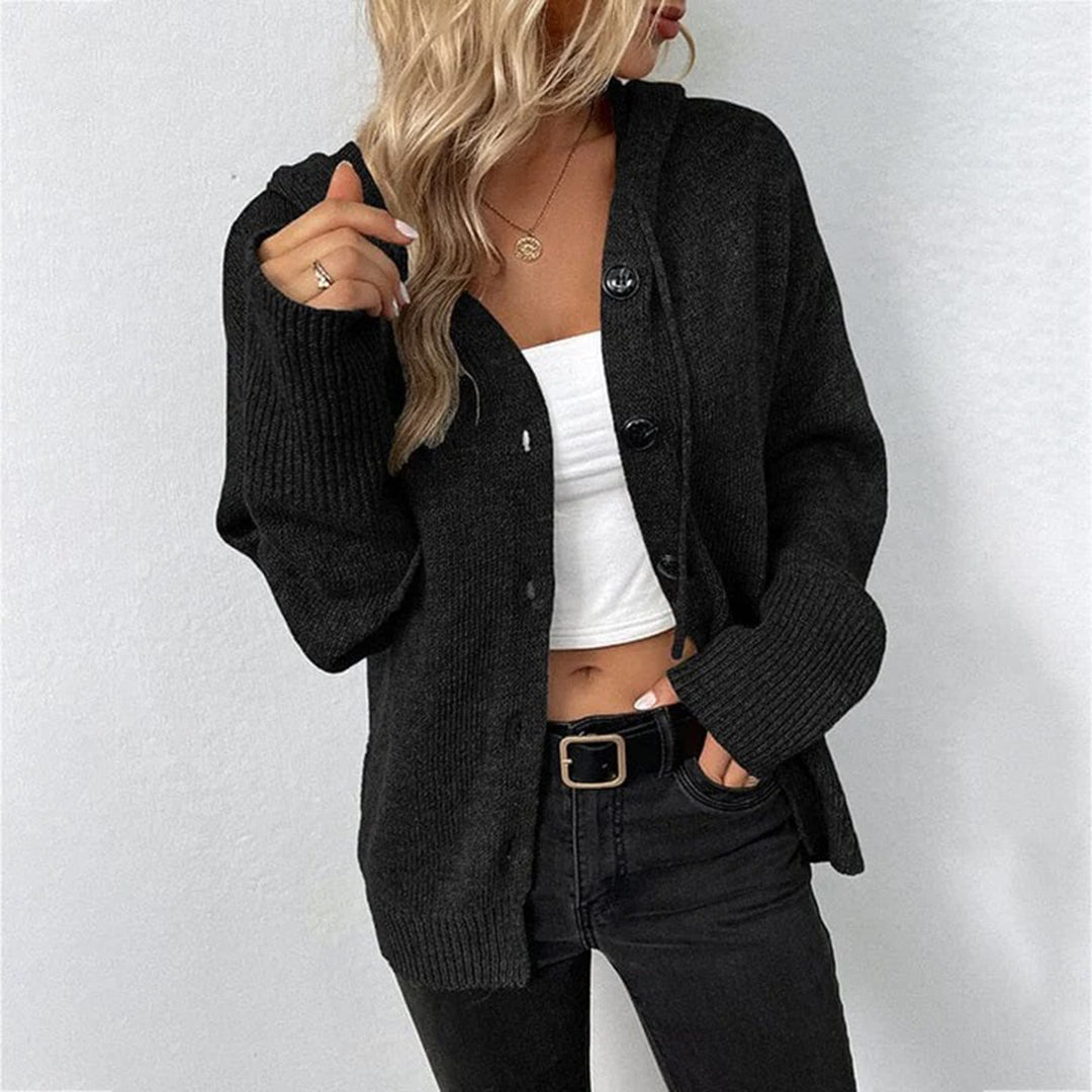 Hazel women's hooded knit cardigan open front button sweater cozy chic style