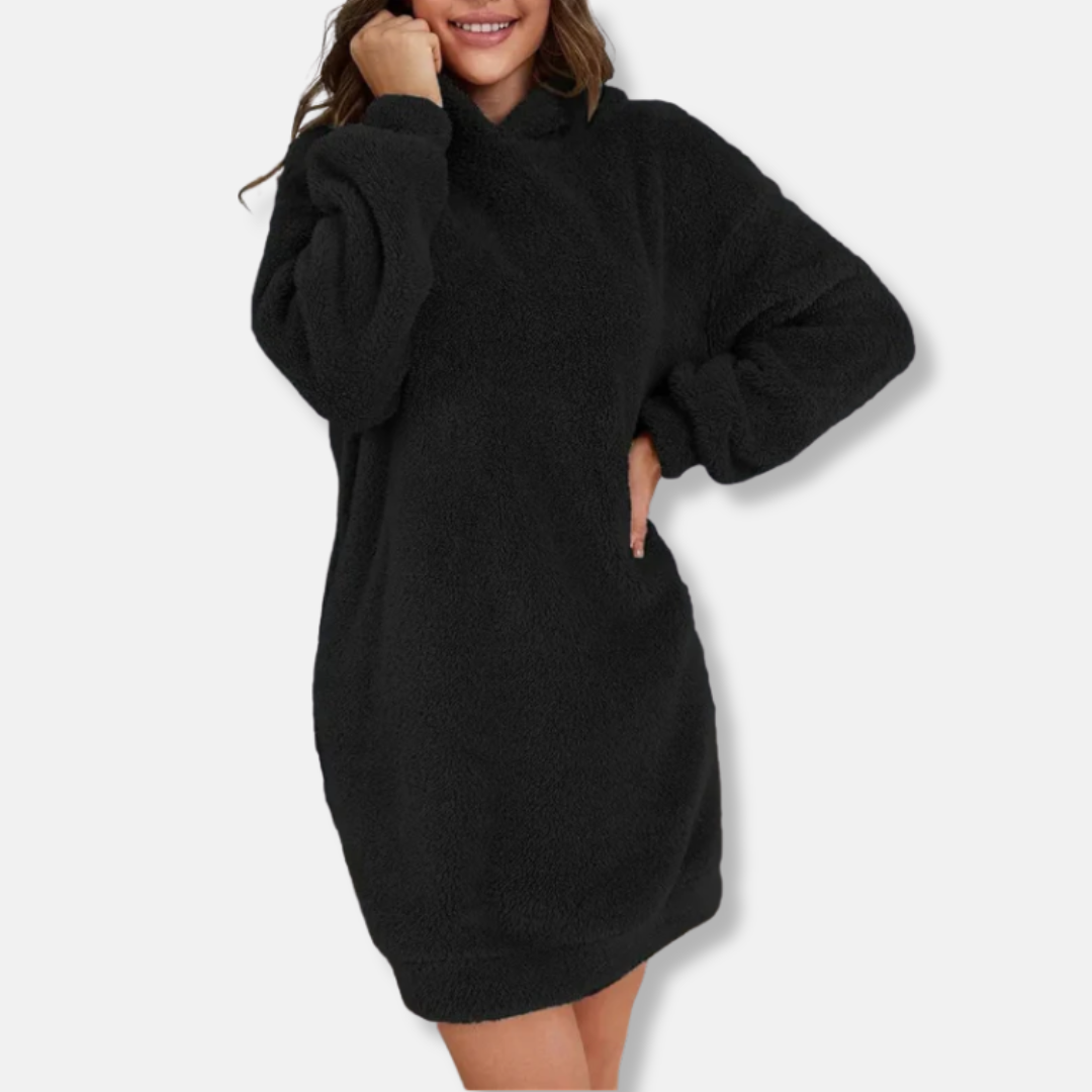 Women's oversized fleece hoodie mini dress long sleeve lounge wear with ribbed cuffs