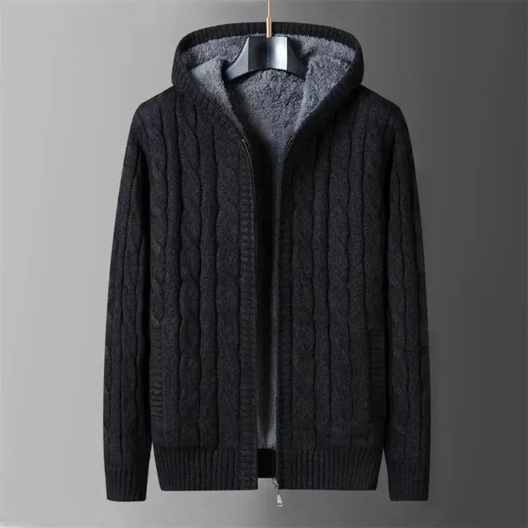 Reversible unisex hooded cardigan sweater, cable knit exterior, soft fleece interior, winter warmth