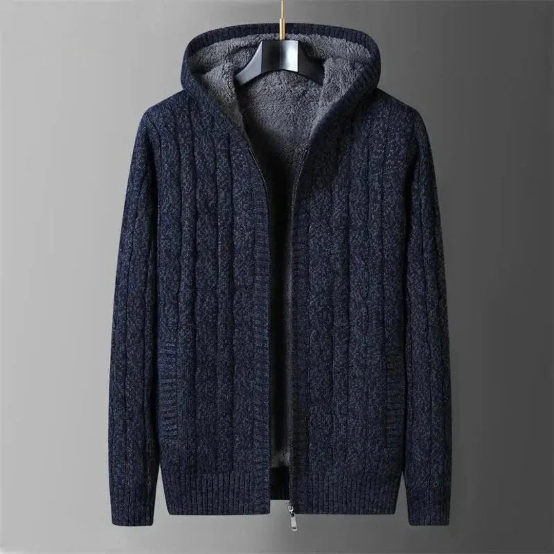 Reversible hooded cardigan sweater fleece interior cable knit unisex winter zip-up cozy style
