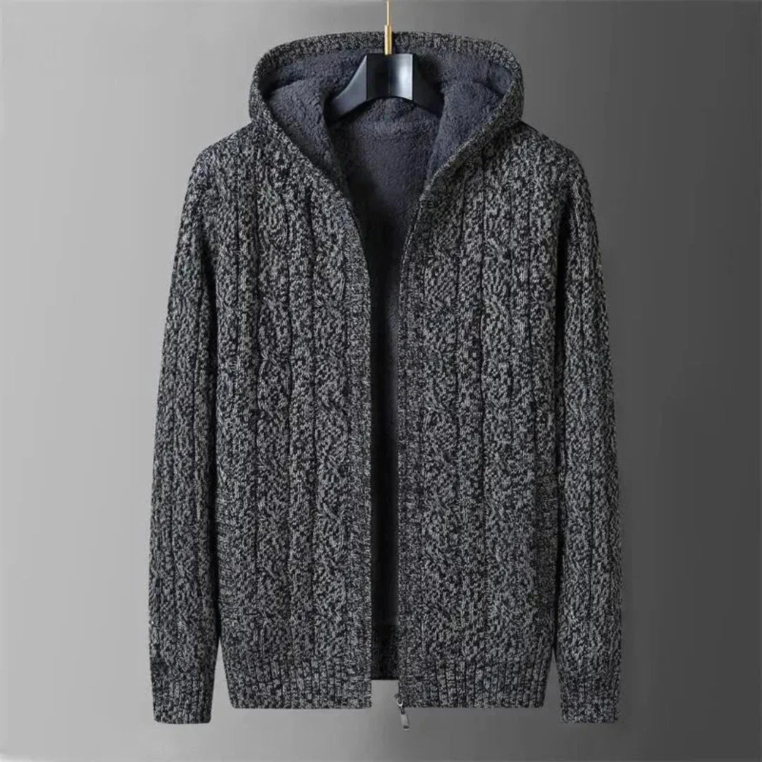 Reversible hooded cable knit cardigan sweater with soft fleece interior, unisex winter style