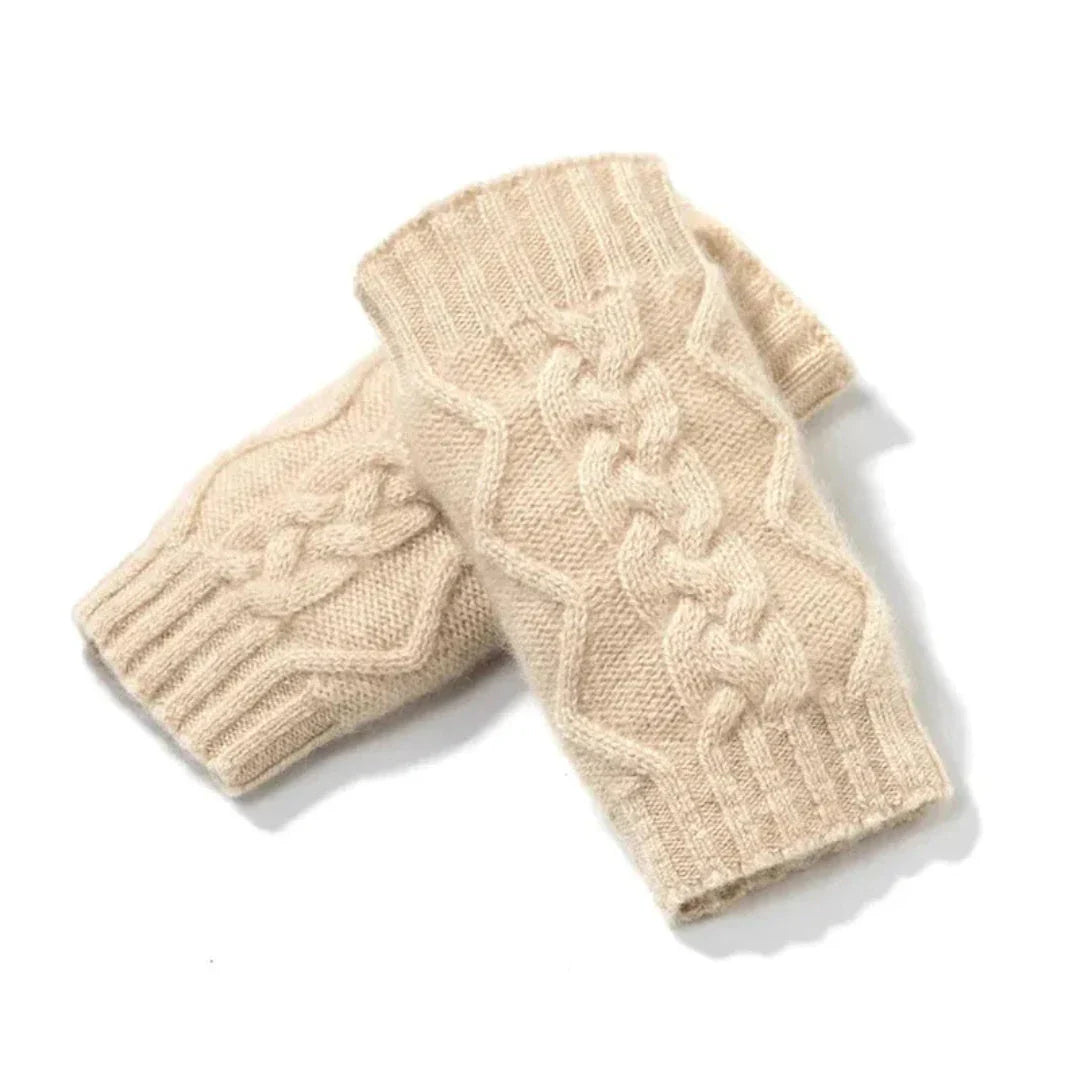 Ivory cable-knit cashmere fingerless gloves with classic texture pattern for warmth and dexterity