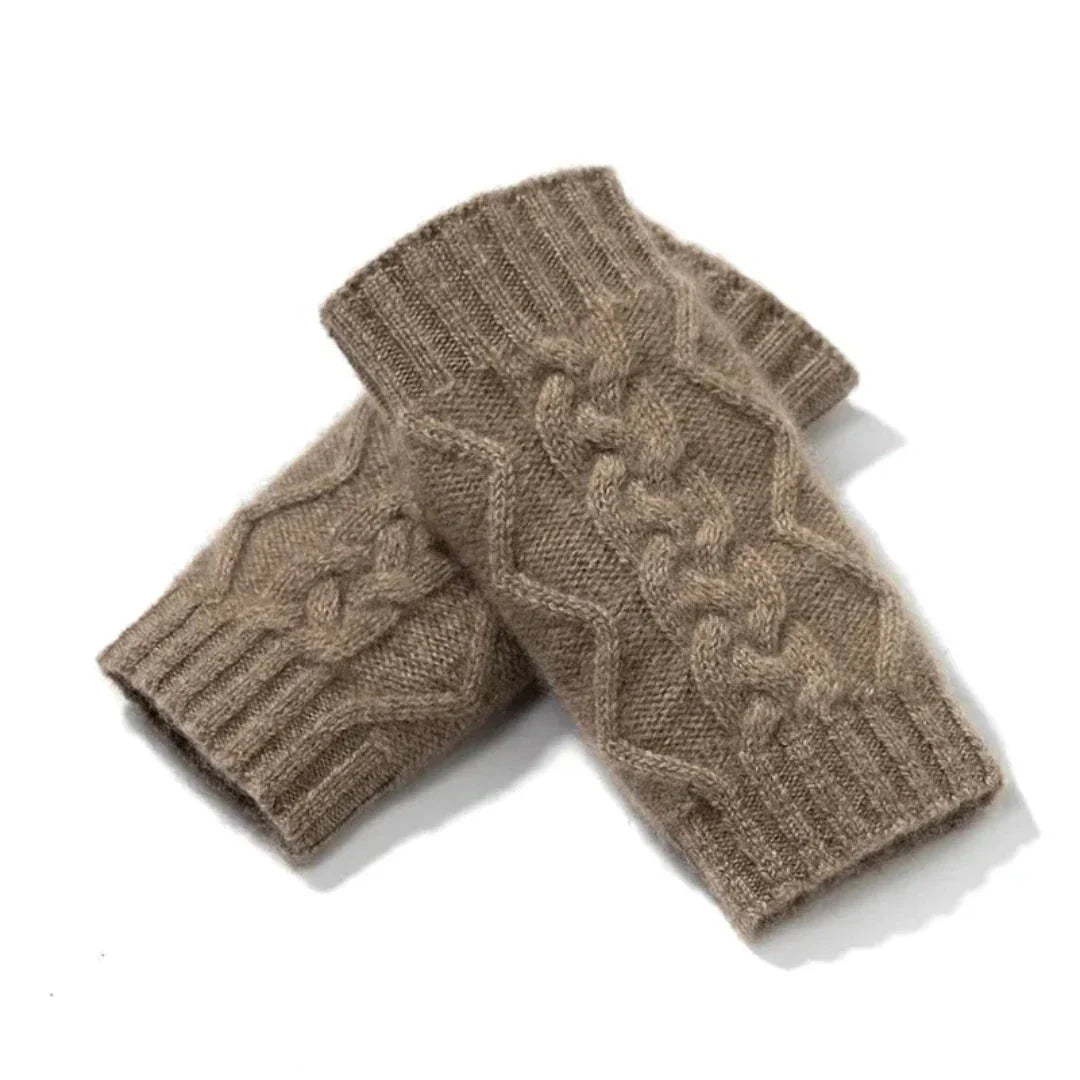 Ivory cashmere fingerless gloves with classic cable-knit pattern, lightweight and warm