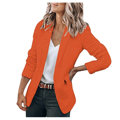 Women's open front work blazer with clean tailored silhouette, perfect for modern professional style