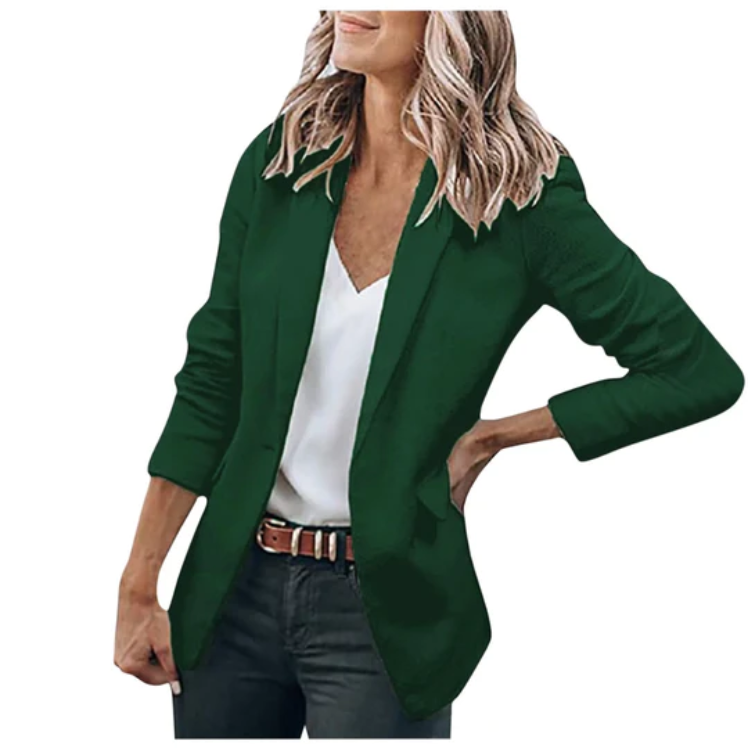 Women's open front work blazer in neutral tone, relaxed tailored silhouette with sleek professional finish