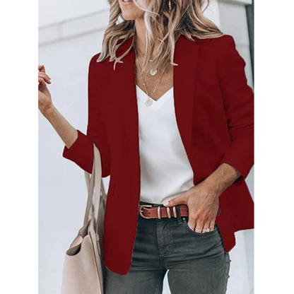 Women's open front work blazer in neutral tone, relaxed tailored fit with clean professional silhouette