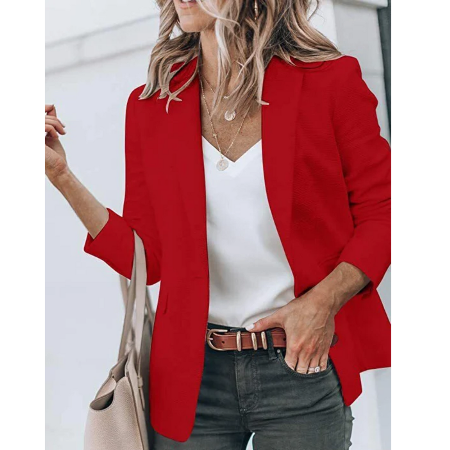 Women's open front work blazer in a tailored silhouette, designed for modern professionals with effortless style