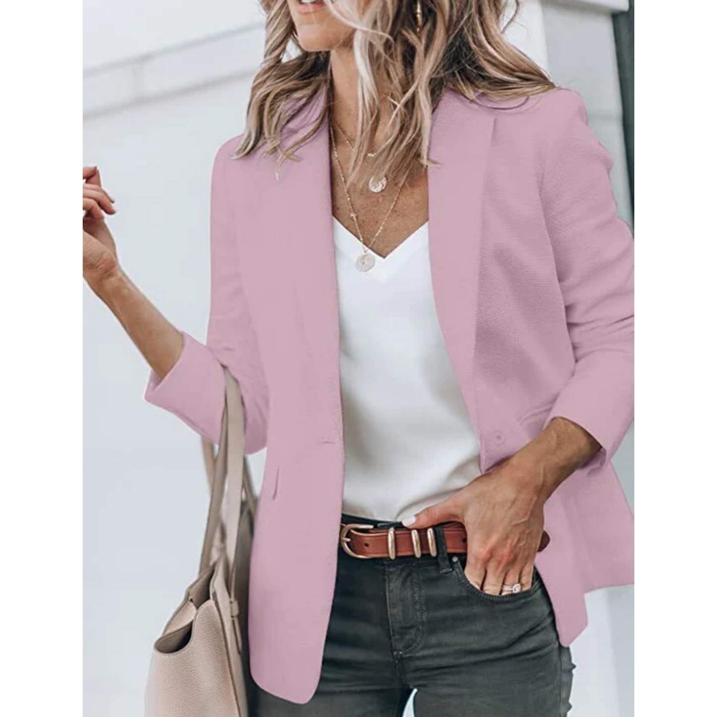 Women's open front work blazer with clean tailored silhouette, versatile layering piece for modern professionals