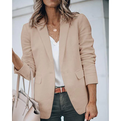 Women's open front work blazer with clean tailored silhouette, versatile layering piece for modern professionals