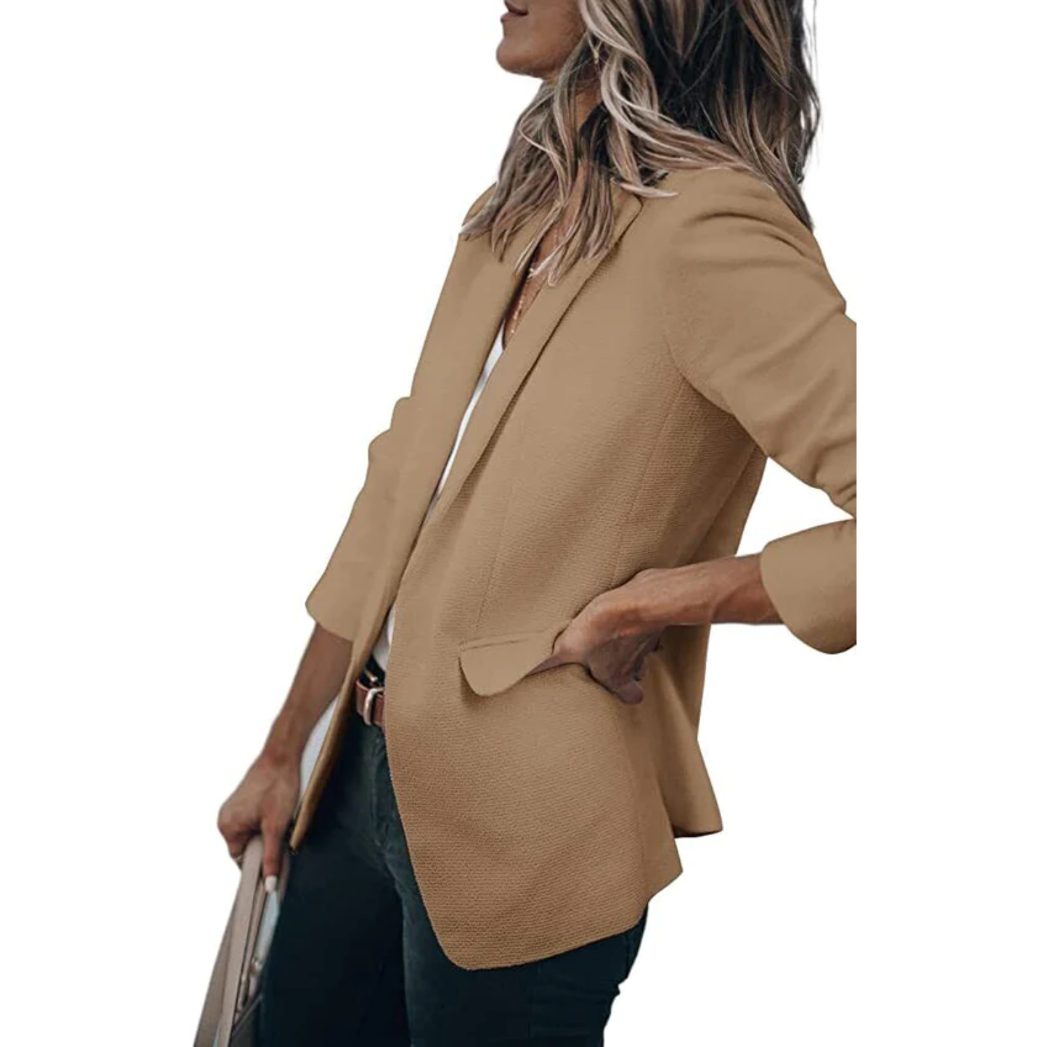 Women's open front work blazer in neutral tone, relaxed tailored cut with sleek layering versatility