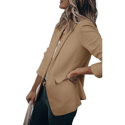 Women's open front work blazer in neutral tone, relaxed tailored cut with sleek layering versatility