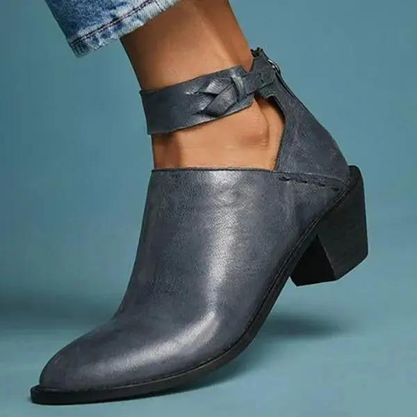 Women's black block heel ankle boots with open-side silhouette and braided ankle strap detail
