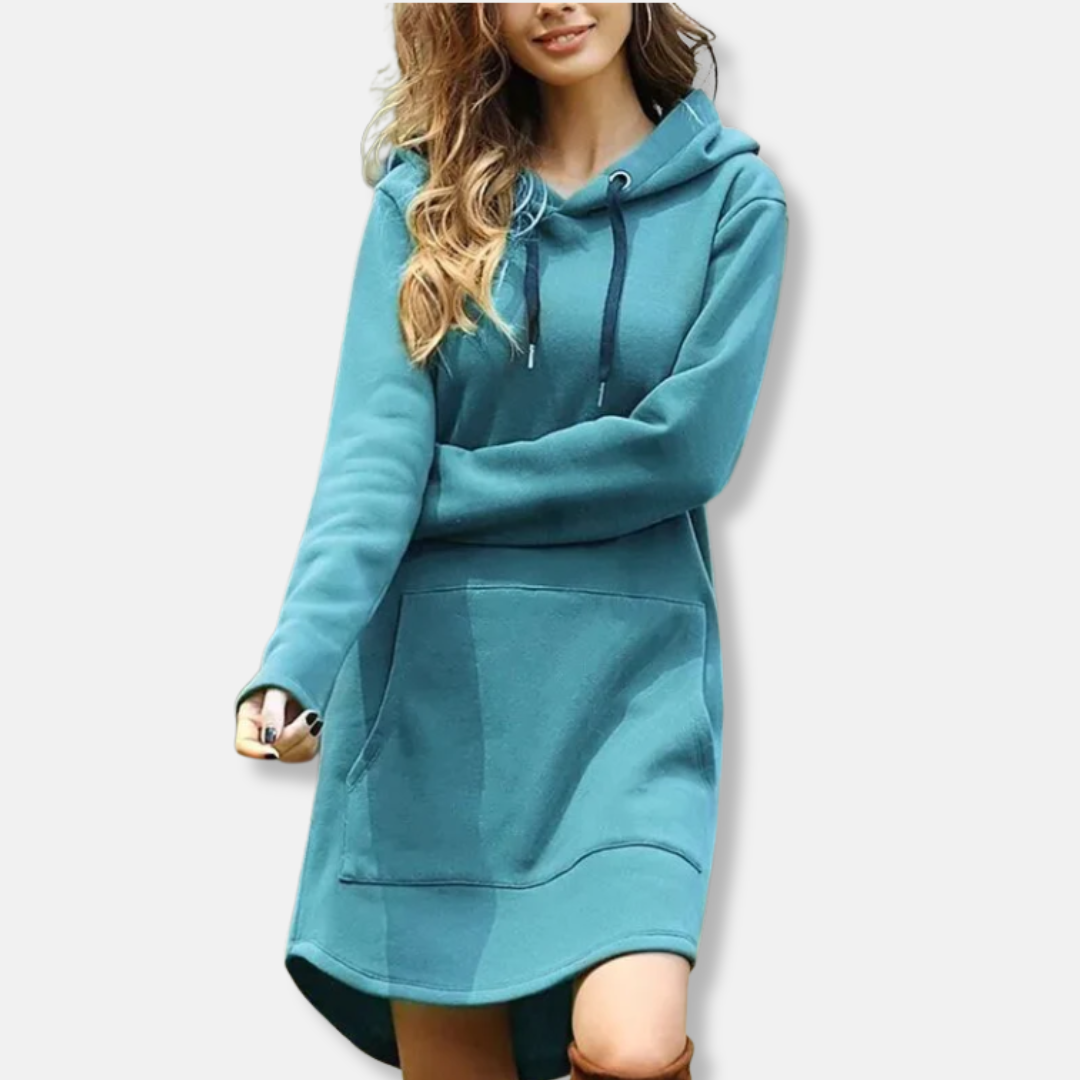 Women's grey cotton-blend hoodie dress, relaxed fit, long sleeve with front kangaroo pocket