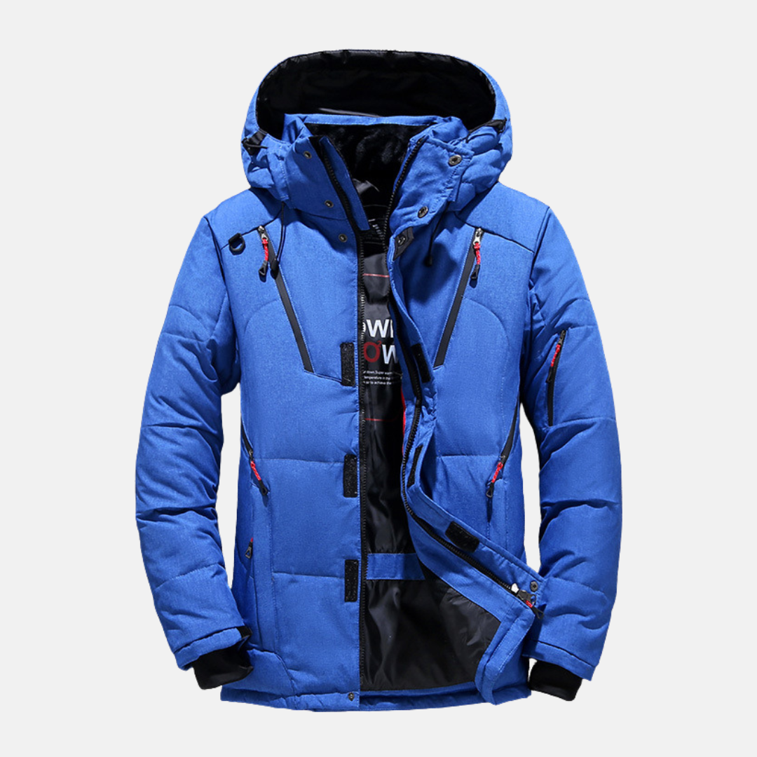 Men's black insulated quilted hooded jacket relaxed hip-length fit lightweight padded winter coat