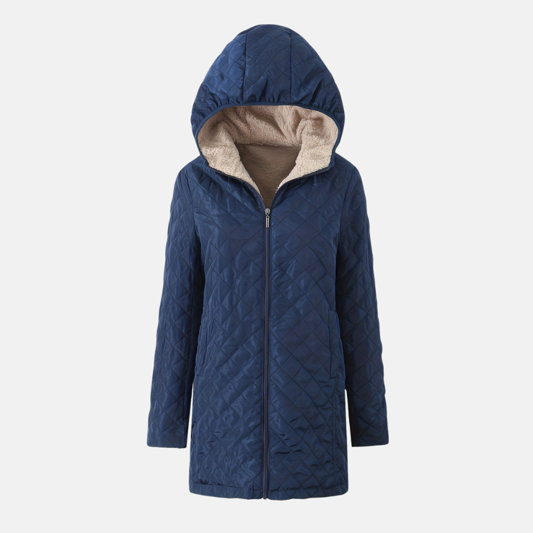 Women's quilted hooded jacket plush lining relaxed mid-thigh fit diamond-stitched cold weather coat