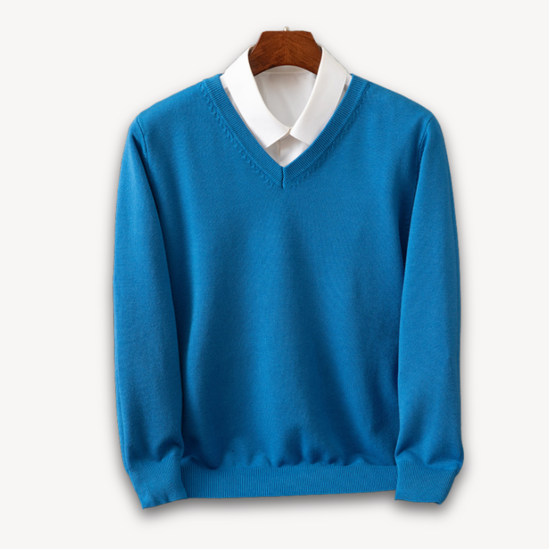 Men's navy slim fit V-neck sweater in soft knit with ribbed edges for versatile layering