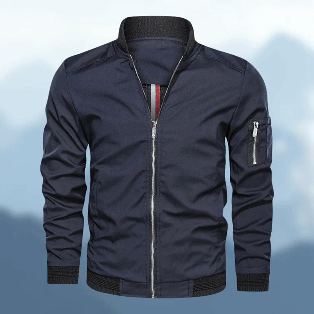 Men's slim fit lightweight bomber jacket modern streamlined silhouette with ribbed cuffs and hem