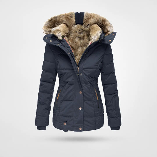 Women's black hooded padded jacket with faux fur-lined hood and fitted silhouette
