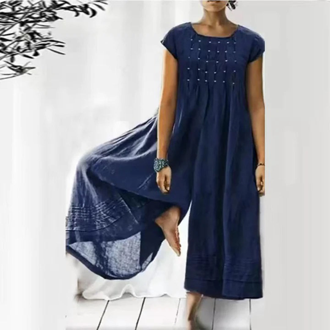 Women's long bohemian dress, airy cotton blend, short sleeves, round neck, lightweight flowy fit