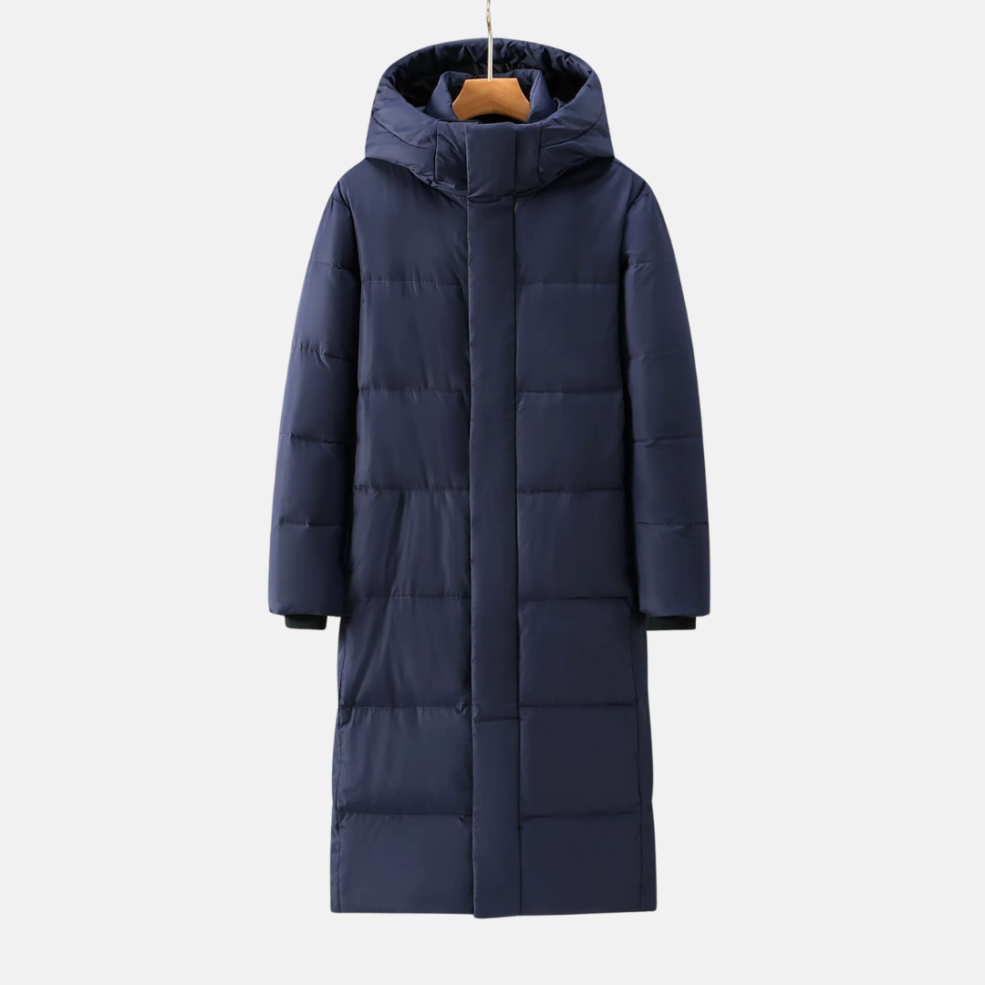 Men's full-length hooded quilted coat nylon blend relaxed fit with distinctive quilted stitching