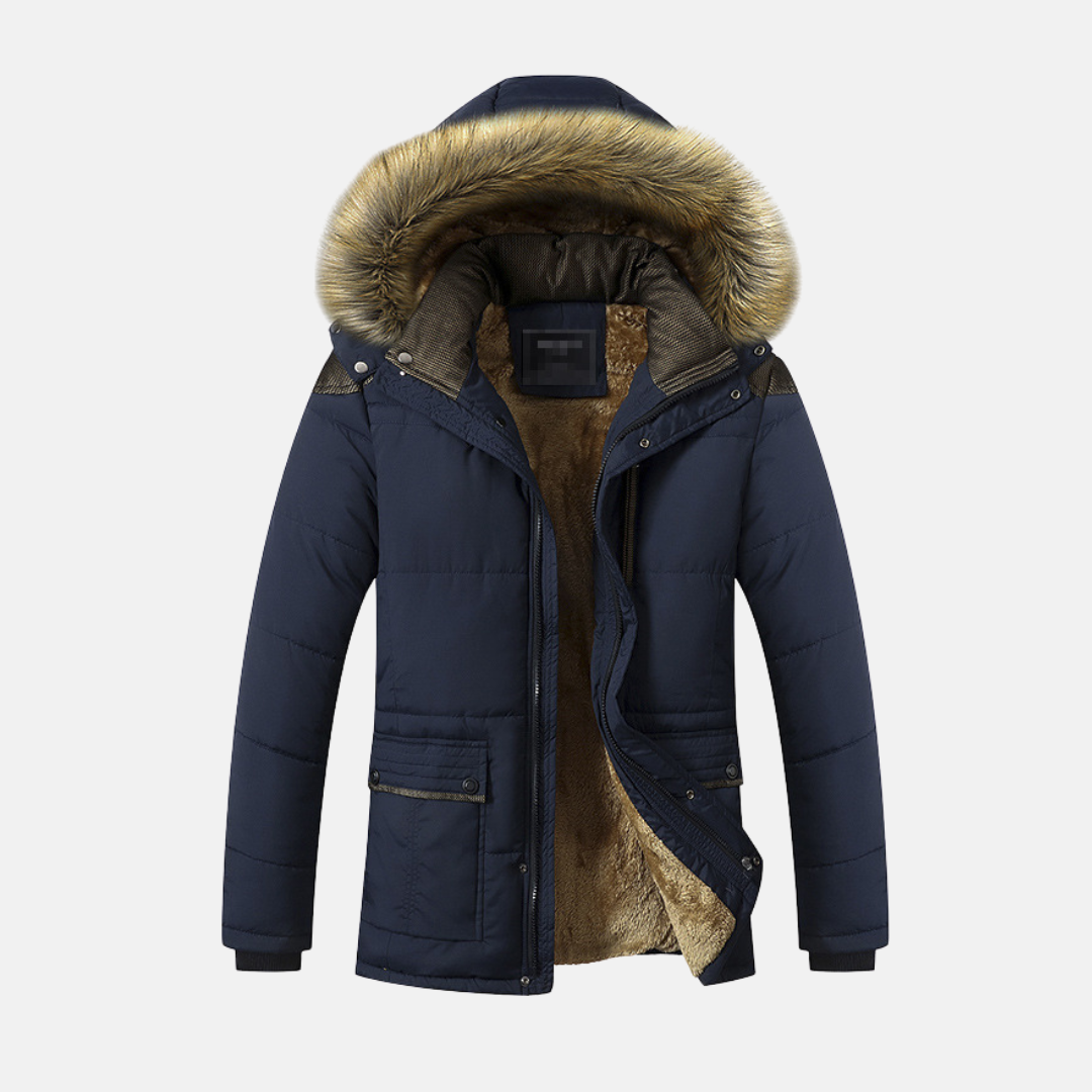 Men's mid-length quilted black parka with detachable faux fur hood for cold-weather versatility