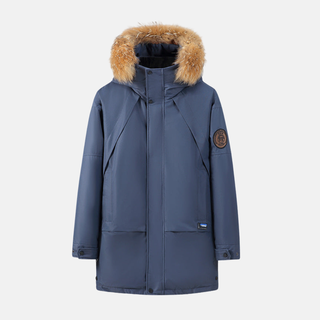 Men's navy parka hooded coat mid-thigh length detachable faux fur trim warm winter outerwear