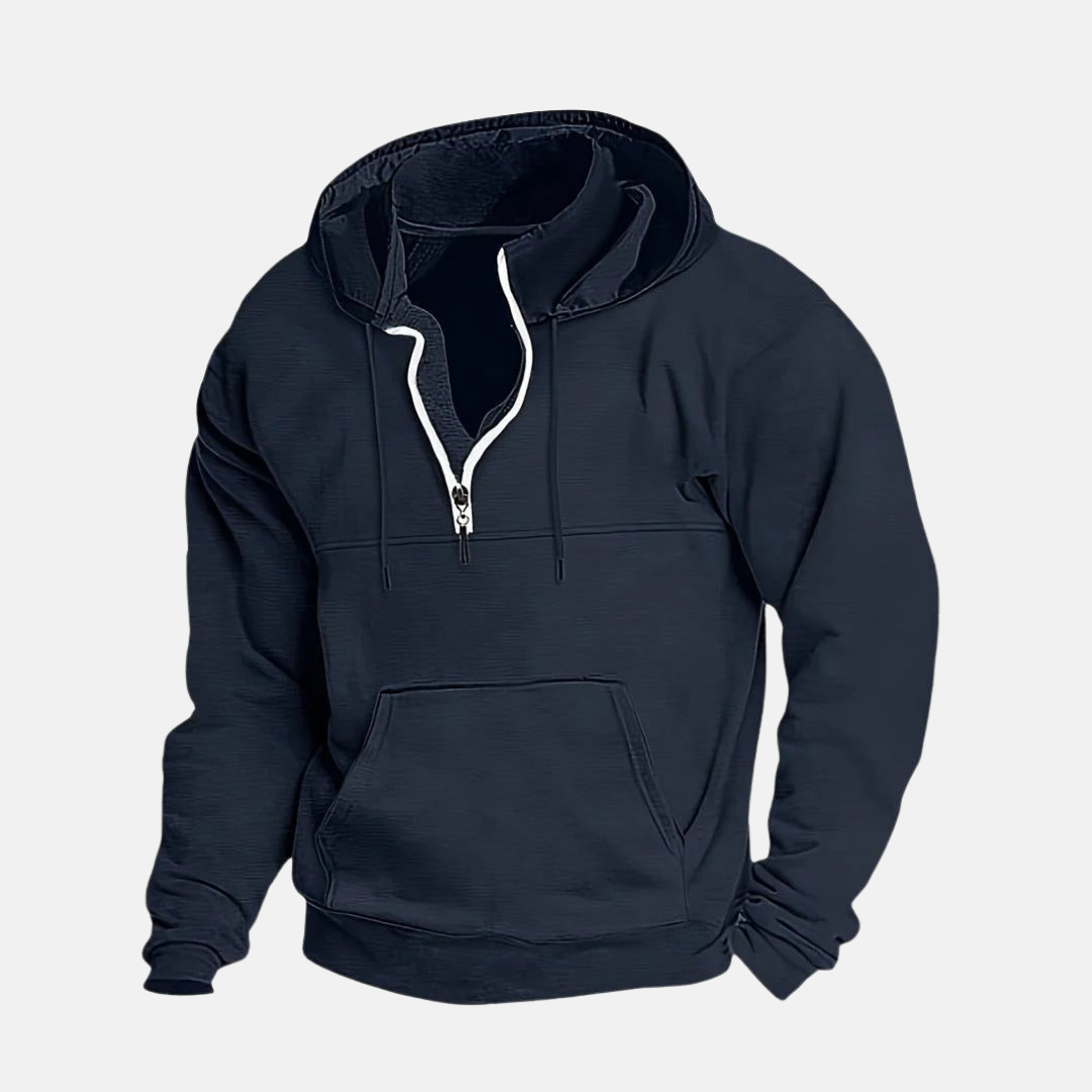 Men's gray cotton-blend quarter-zip hoodie with layered collar, relaxed modern fit for everyday wear