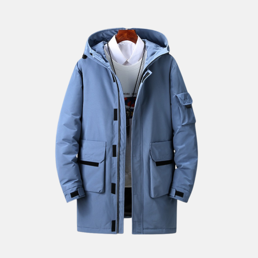 Men's hooded mid-thigh winter coat in relaxed fit with adjustable cuffs, woven polyester