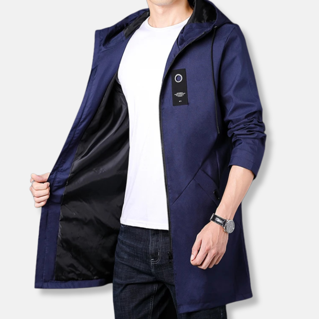 Men's mid-thigh hooded woven coat zipper closure smart casual relaxed sophisticated fall outerwear