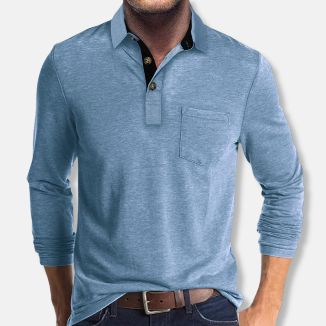 Men's navy cotton blend long sleeve polo shirt regular fit with contrast collar smart casual style