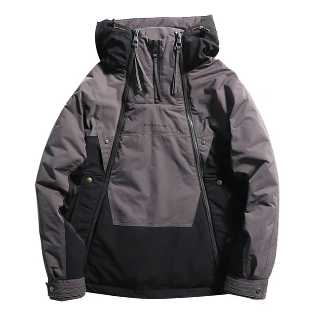 Men's windproof white duck down jacket with adjustable hood, lightweight water-resistant outdoor winter coat