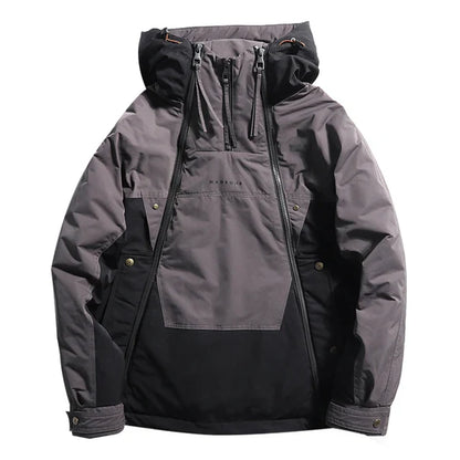 Men's windproof white duck down jacket with adjustable hood, lightweight water-resistant outdoor winter coat