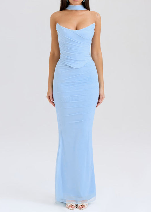 Robe bohème bleue dos nu en tulle sans bretelles - Wavlynn