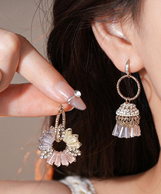 Boucles d'oreilles pendantes asymétriques en forme de cloche florale en cristal de Bohème, en cuivre doré et zircon - Wavlynn