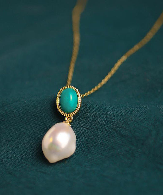 Collier avec pendentif en argent sterling et perles turquoises surdorées de Bohème - Wavlynn
