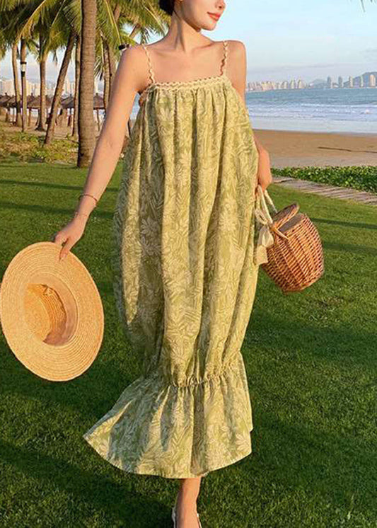 Robe d'été à bretelles spaghetti en coton imprimé bohème vert - Wavlynn