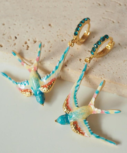 Boucles d'oreilles pendantes bohèmes en alliage de cuivre et émail avec pierres précieuses en forme d'hirondelle - Wavlynn