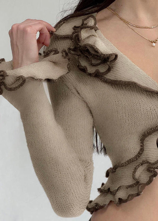 Haut en tricot bohème à volants et manches évasées avec taille nouée - Wavlynn