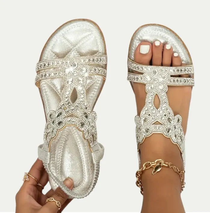 Women's beige bohemian flat sandals with woven straps and cushioned insole for summer