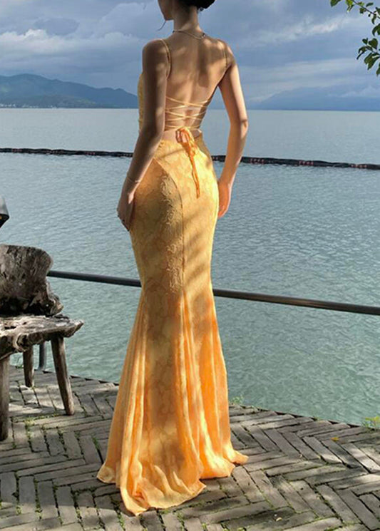 Robe longue bohème jaune dos nu en dentelle à bretelles spaghetti et queue de poisson sans manches - Wavlynn