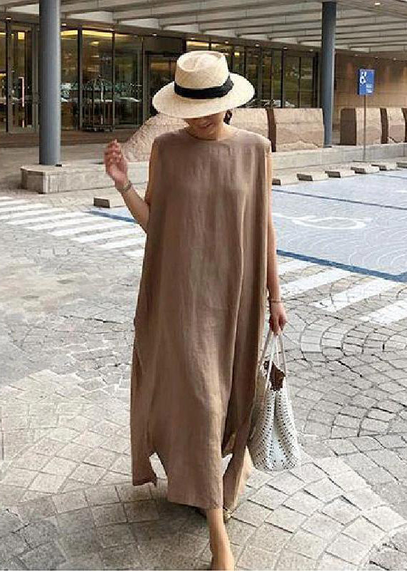 Bohemian white floral linen-cotton maxi dress with side slit, relaxed one-size fit for women