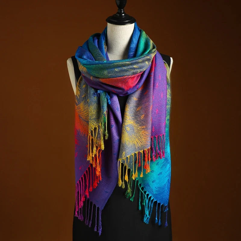 Bohemian cashmere shawl with sunset-to-twilight gradient, elegant fringe detail, luxurious blend