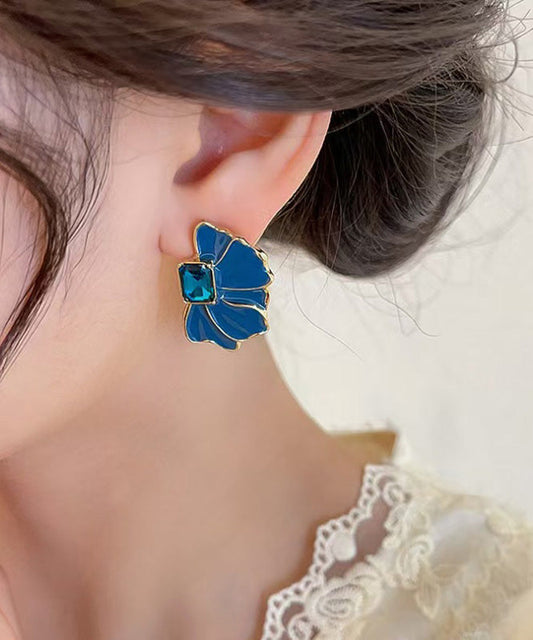 Boucles d'oreilles à tige en alliage bleu bohème avec cristaux et pétales émaillés - Wavlynn