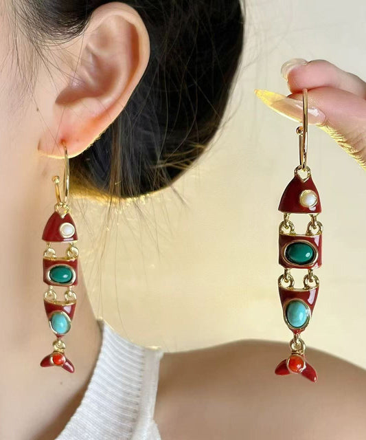 Boucles d'oreilles pendantes bohèmes en alliage de cuivre émaillé, forme de poisson, colorblock. - Wavlynn
