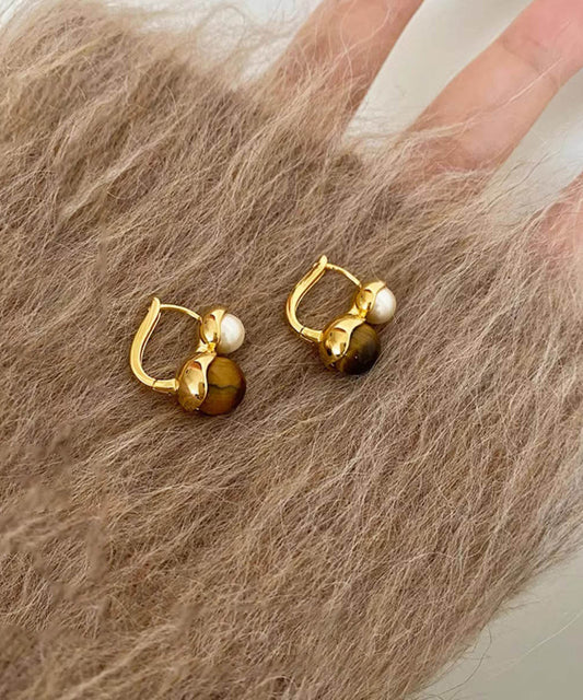 Boucles d'oreilles créoles en alliage de cuivre doré style bohème avec pierre œil de chat et perles - Wavlynn