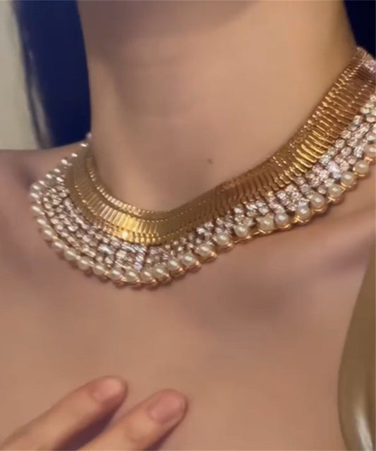 Collier bohème en alliage de cuivre doré et perles de zircone graduées - Wavlynn