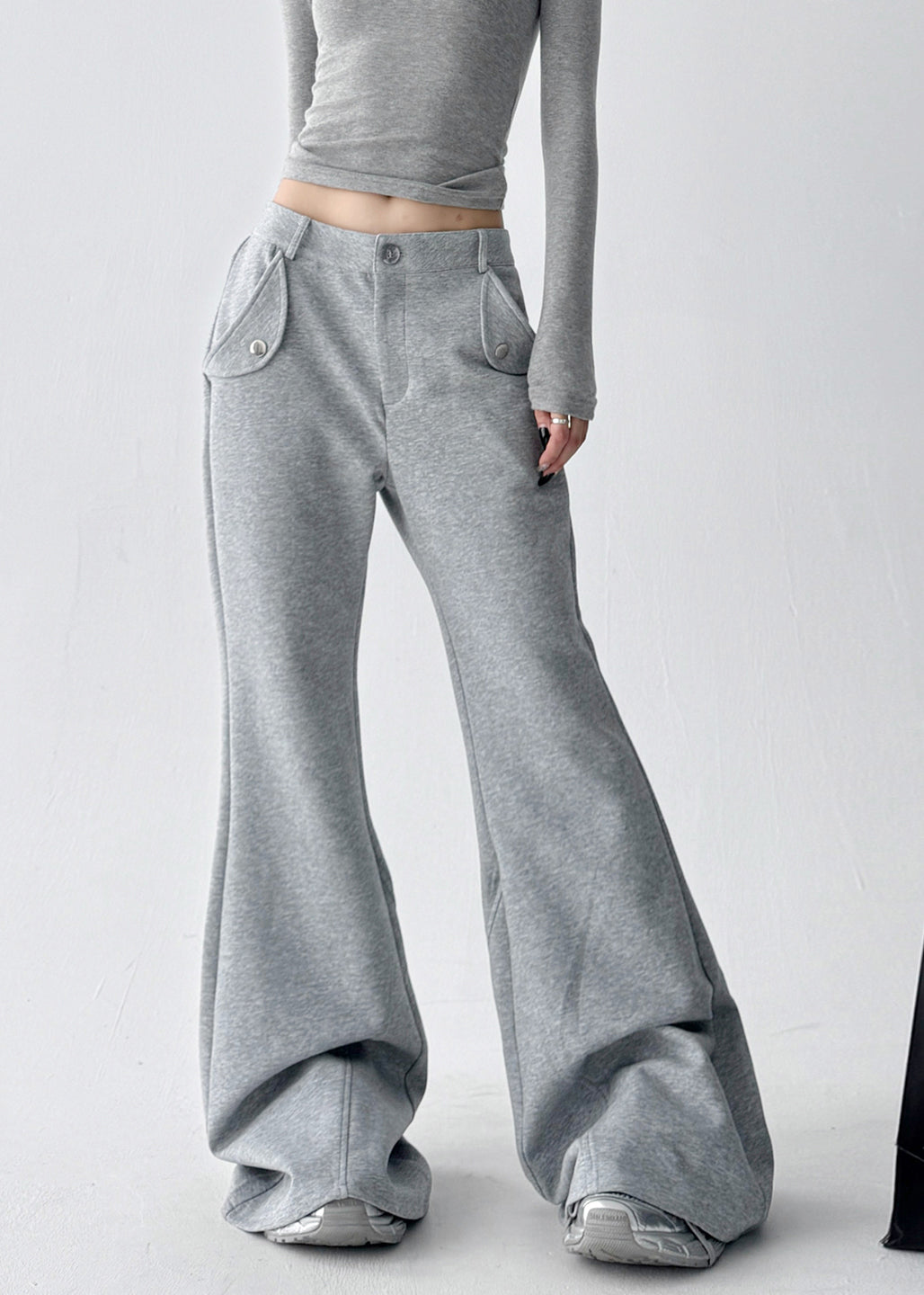 Pantalon boho gris oversize en coton à pattes d'éléphant pour l'automne - Wavlynn