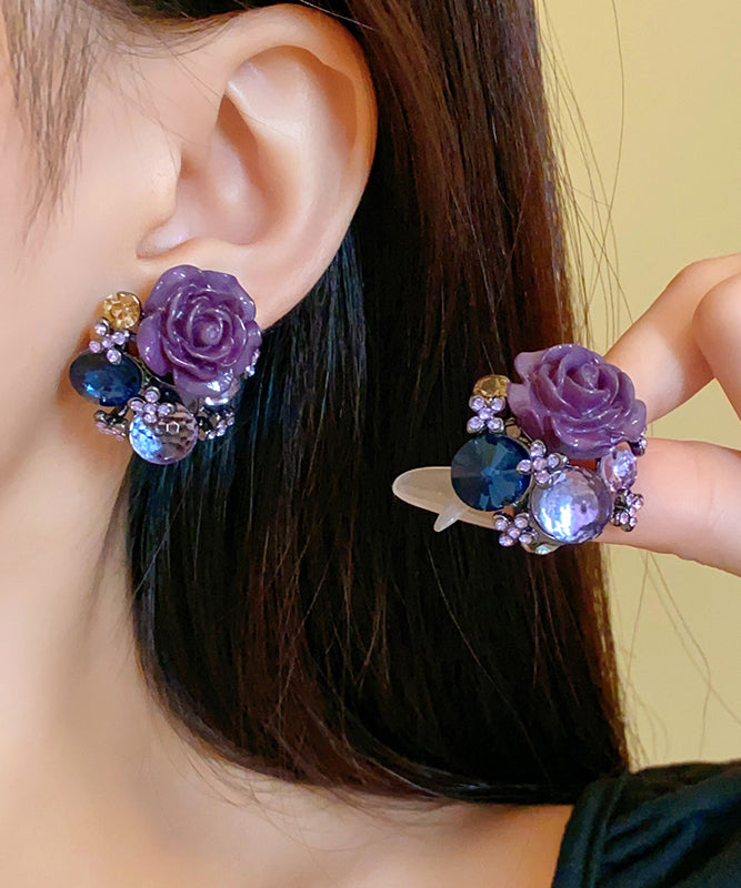 Boucles d'oreilles à tige en verre floral en résine et zircon violet style bohème - Wavlynn