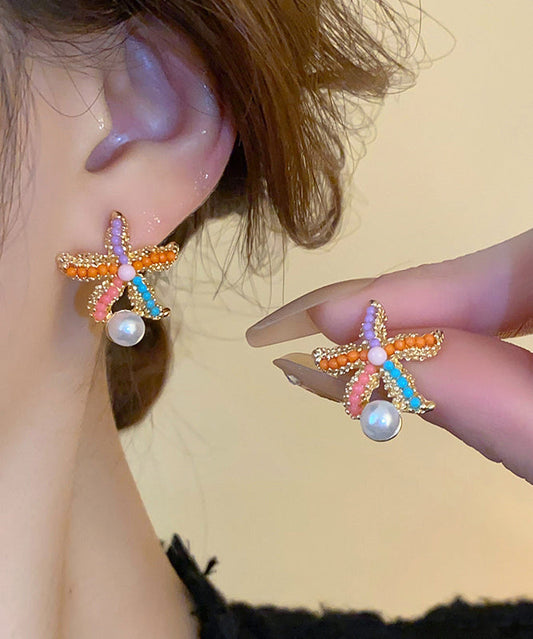 Boucles d'oreilles à tige style bohème arc-en-ciel en alliage de zircon et perles en forme d'étoile de mer - Wavlynn