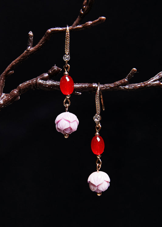 Boucles d'oreilles pendantes en pierre de fleur de Lotus fine, gemme rouge Boho - Wavlynn